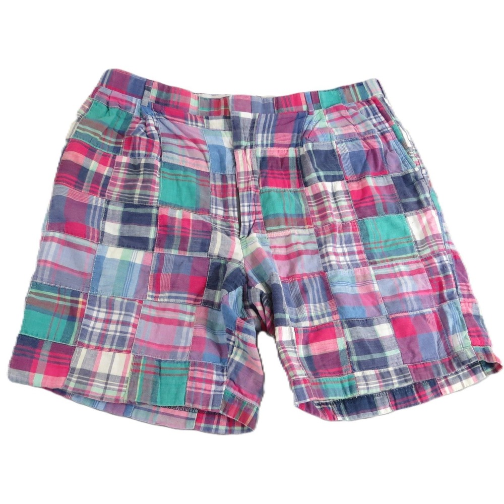 VTG Corbin Patchwork Madras Shorts Men W34 L7 Pleated Union USA Preppy Ivy Chino